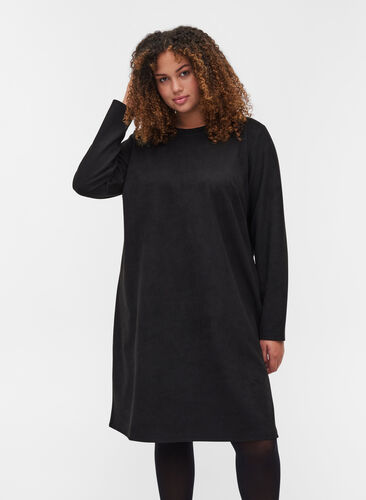 Plain 3/4 sleeve dress with rounded neckline, Black, Model image number 0