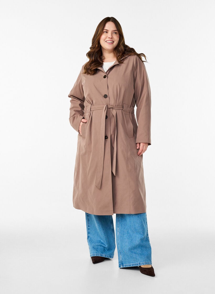 Trench coat with hood and tie belt, Brown, Model