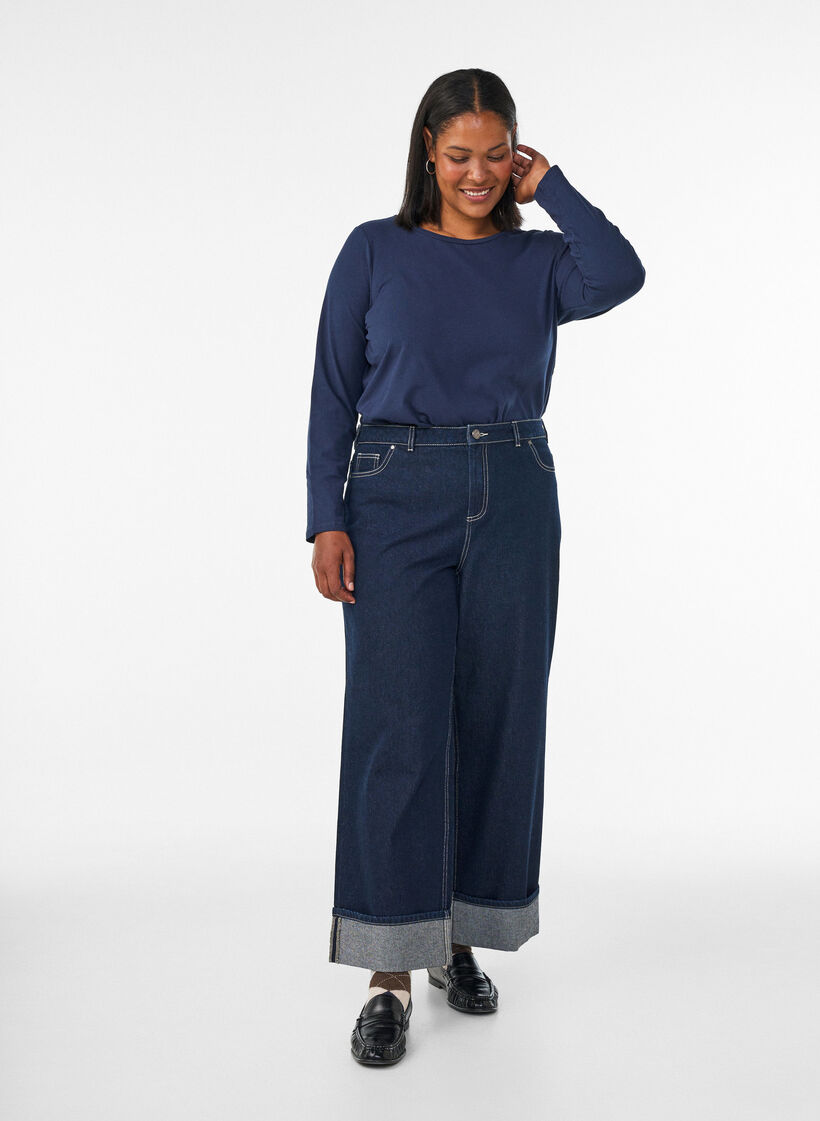 Basic jersey blouse with long sleeves, Blue, Model image number 1