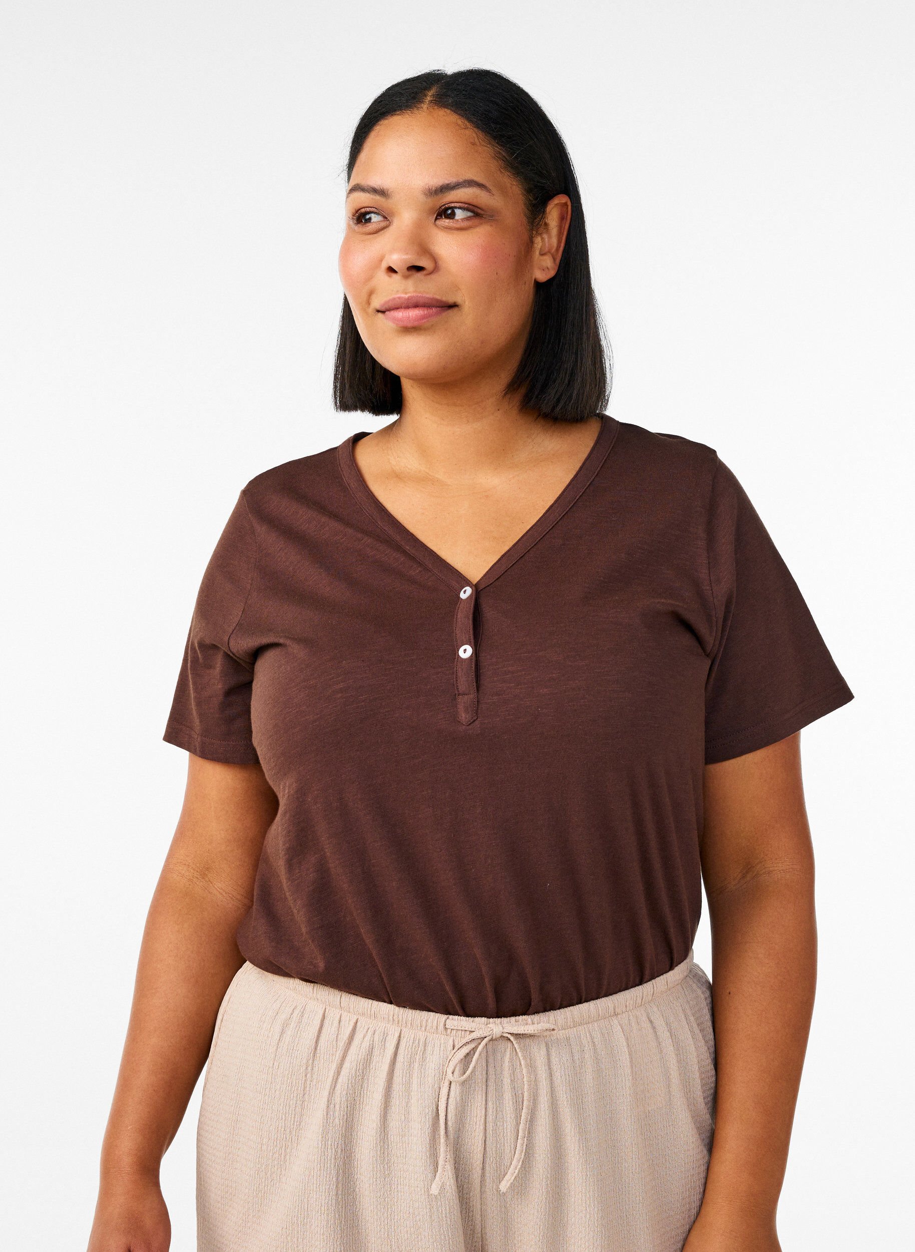 ZizzifashionT-shirt with button detail, Brown, Model image number 0