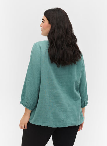 Cotton blouse with buttons and 3/4 sleeves, Sagebrush Green, Model image number 1