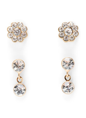 2-pack stud earrings with stones, Gold w. Pearl, Packshot image number 0