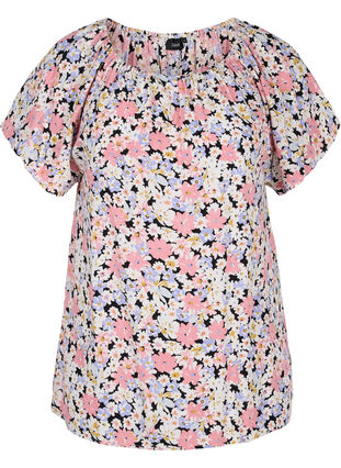 Short-sleeved floral viscose blouse, Dusty Flower Mix, Packshot image number 0
