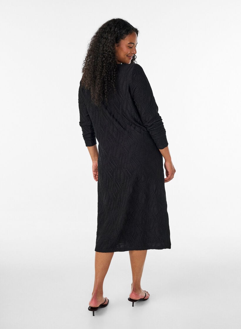 Midi dress with a wavy texture and long sleeves, Black, Model image number 1