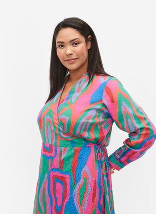 Printed wrap dress with long sleeves, Colorfull Art Print, Model image number 2