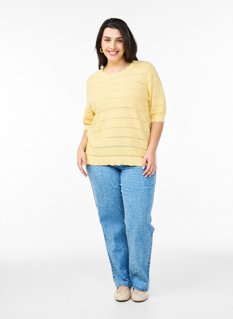 Knitted blouse with a striped openwork pattern and short sleeves, Yellow, Model image number 1