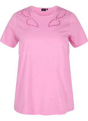 Short-sleeved t-shirt with broderie anglaise, Cyclamen Mel., Packshot image number 0