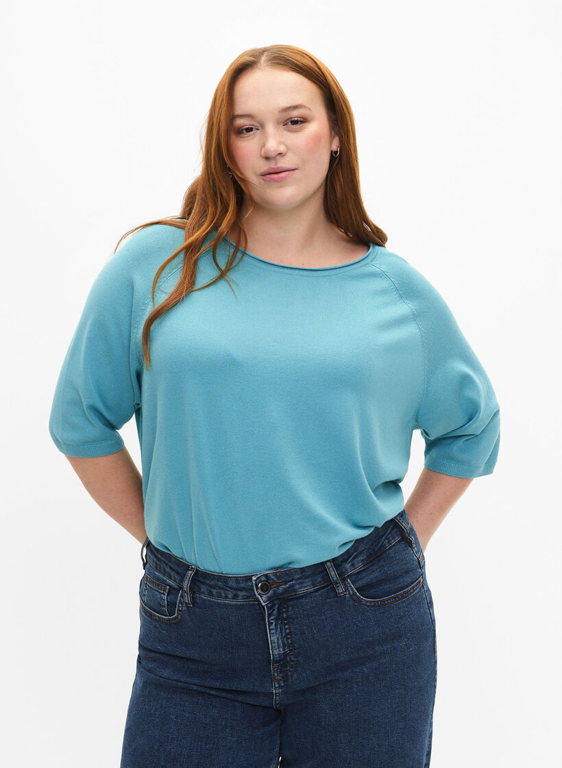 Viscose knitted blouse with 3/4 sleeves, Reef Waters, Model image number 0