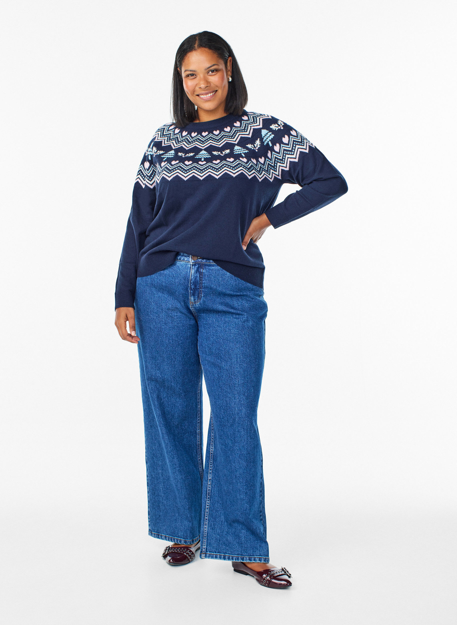 Zizzifashion Knitted blouse with jacquard pattern and Christmas motifs, Blue, Model image number 1