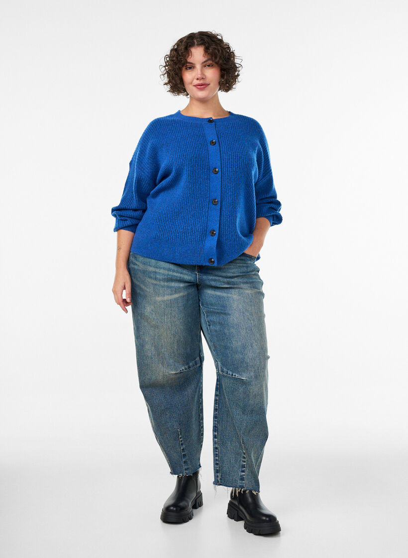 Rib knit cardigan with buttons, Blue, Model image number 1