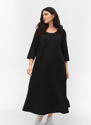 Cotton midi dress with slits, Black, Model image number 2