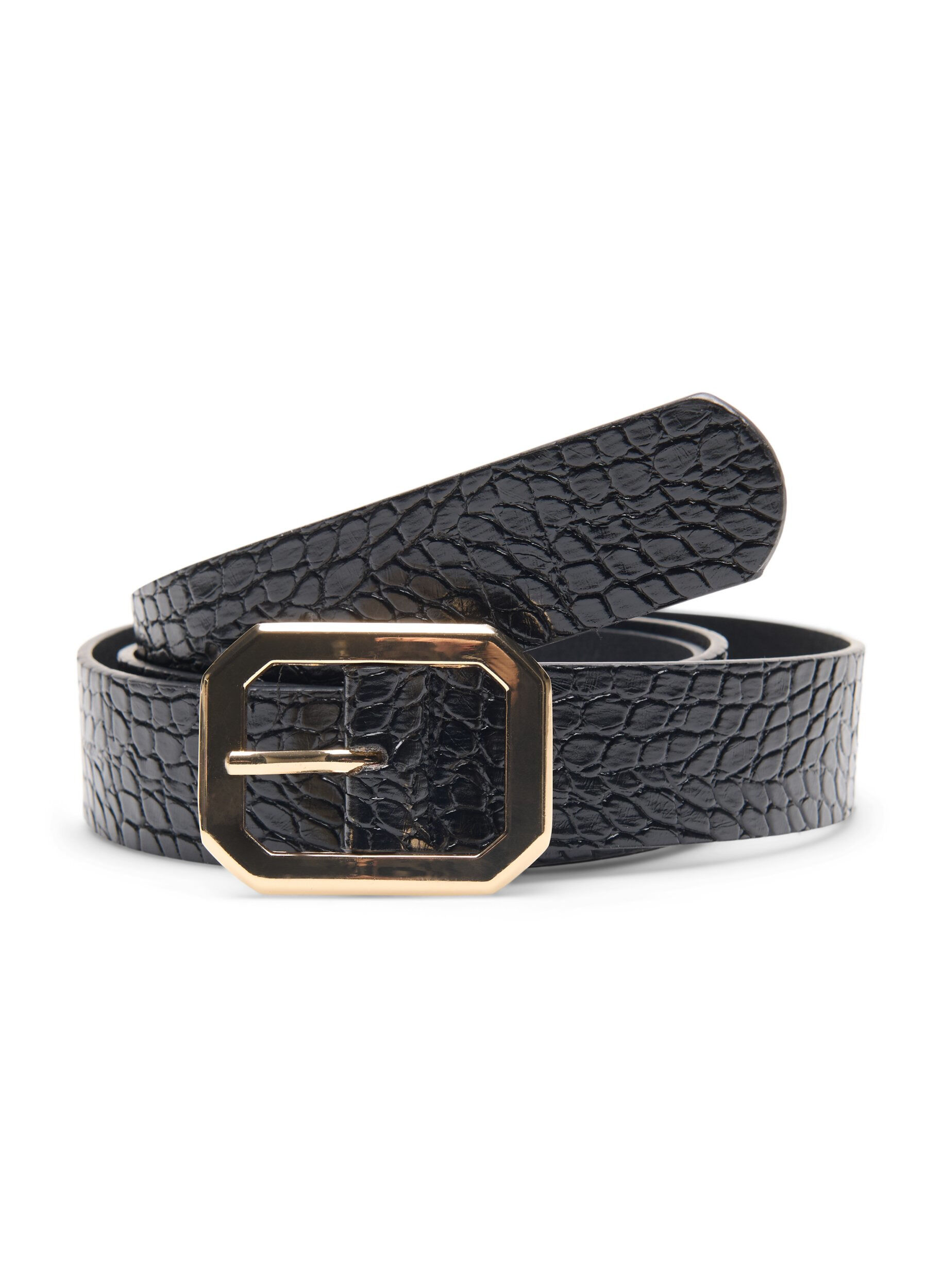 Zizzifashion Faux leather belt with croco pattern, Black w. Gold Buckle, Packshot image number 0