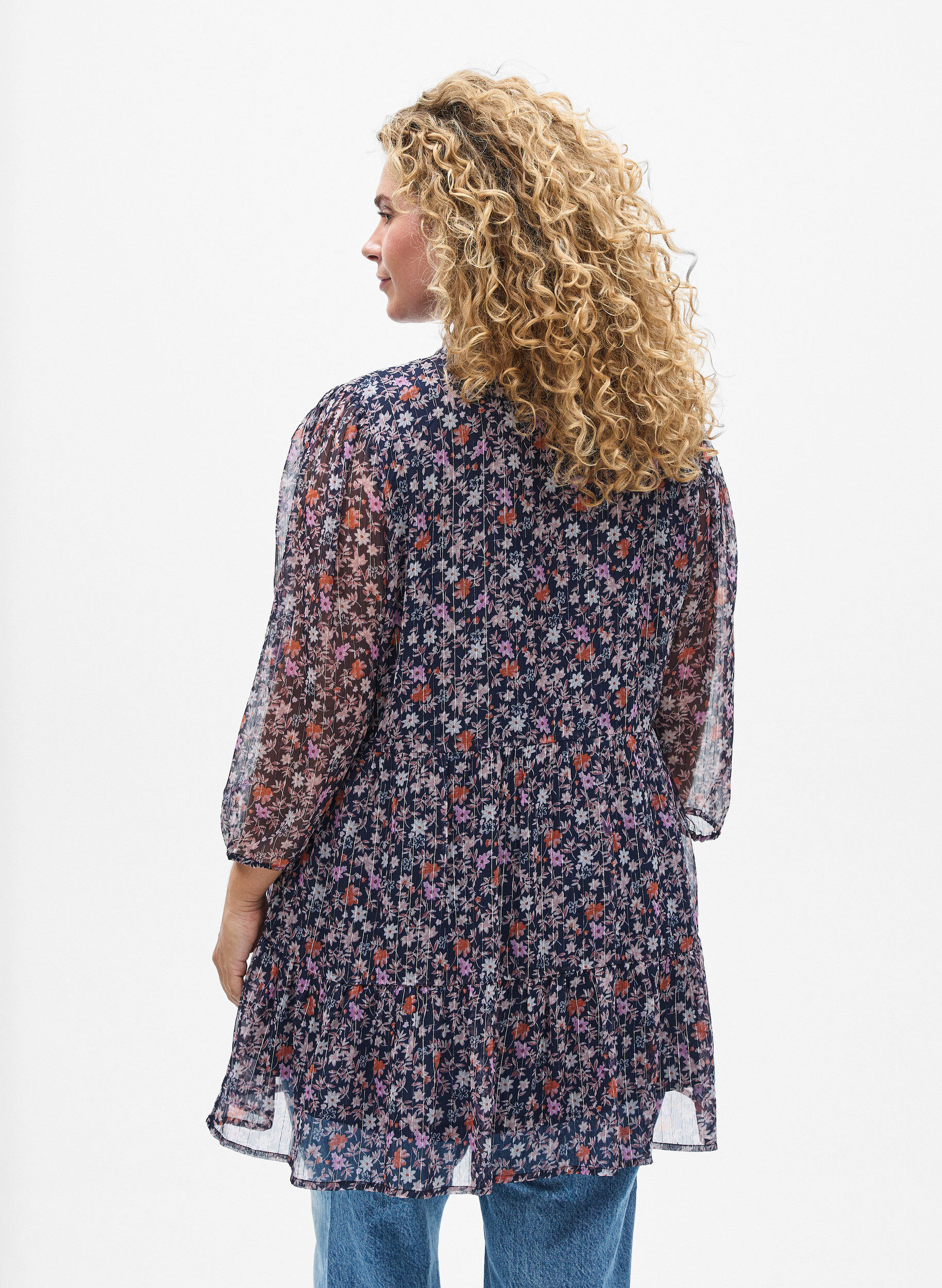ZizzifashionTunic with floral print and glitter threads, Blue, Model image number 2