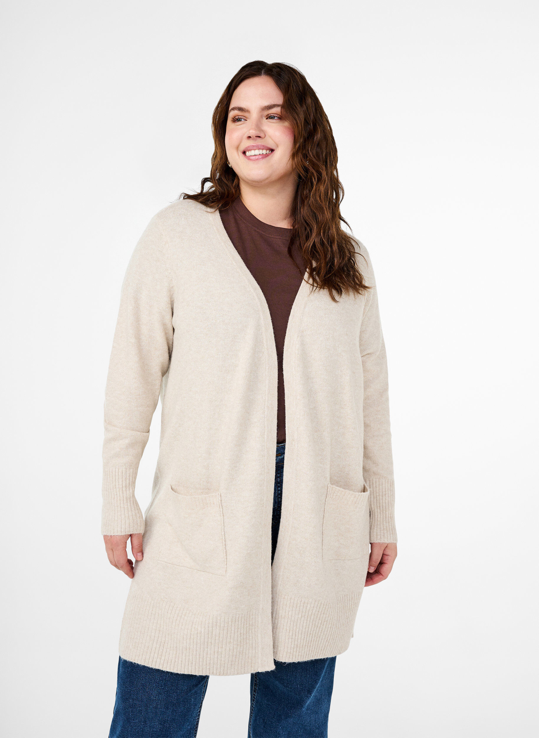 ZizzifashionRibbed Knit Cardigan with Pockets, Beige, Model image number 0