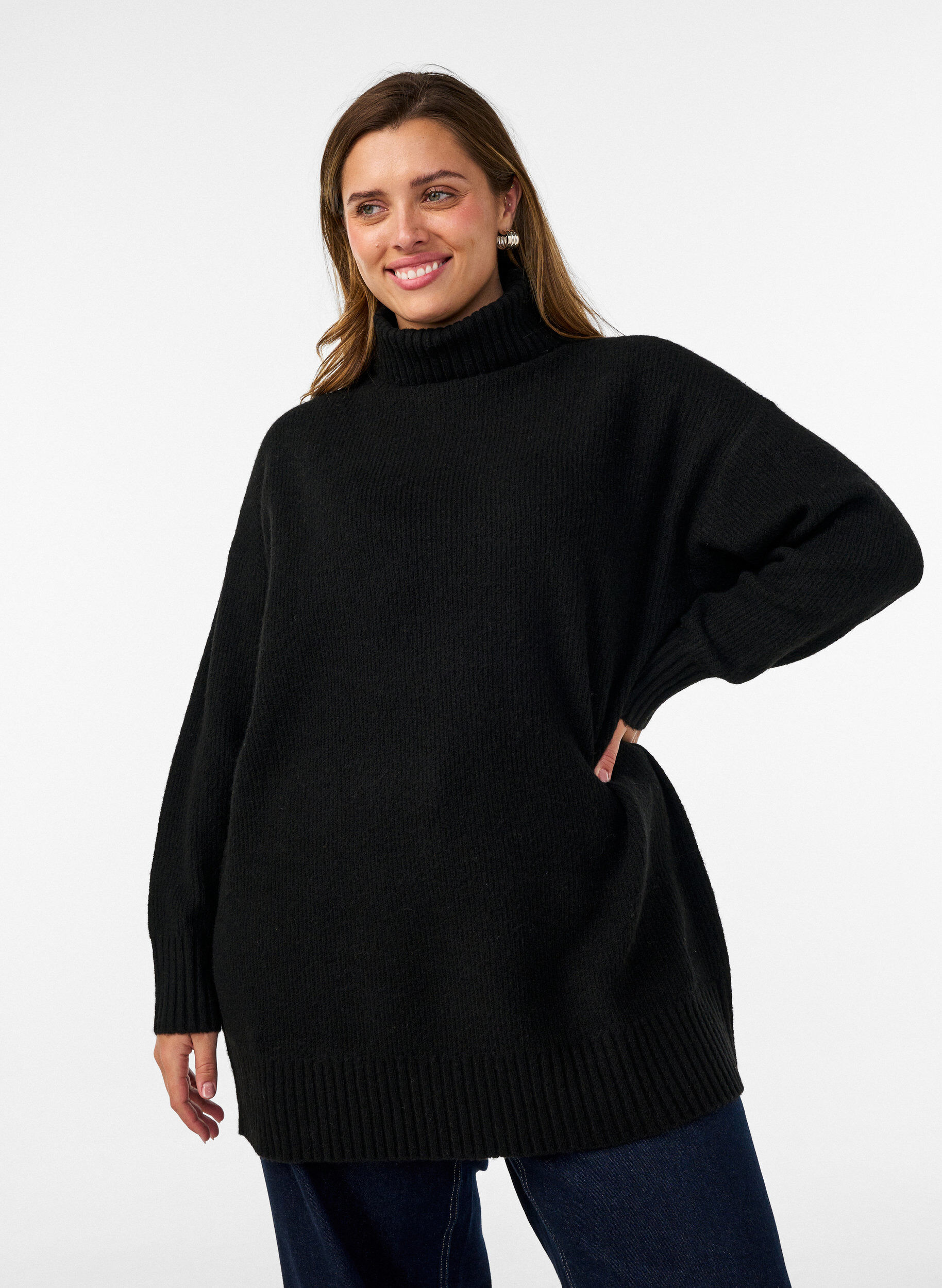 ZizzifashionLoose knit jumper with a turtleneck, Black, Model image number 0