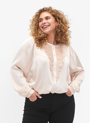 Satin shirt blouse with ruffle details, Champagne, Model image number 0