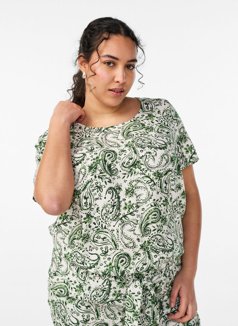 Short sleeve viscose blouse with print, Green, Model image number 0