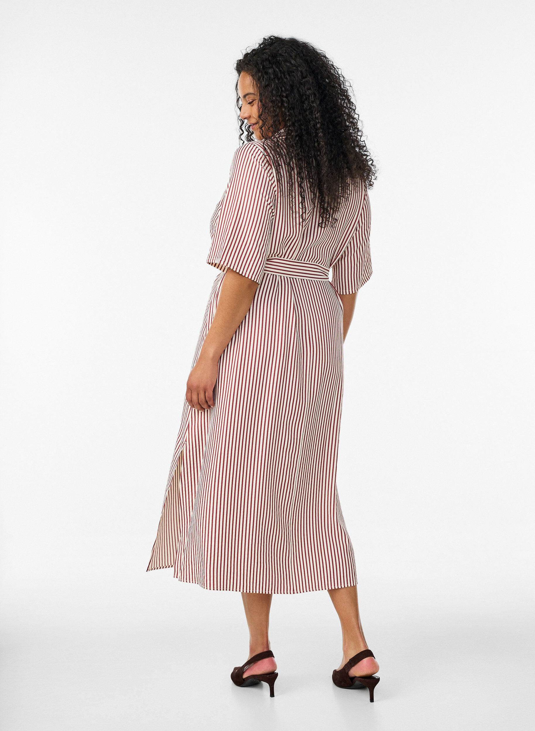 ZizzifashionAnkle-length shirt dress with tie belt and stripes, Red, Model image number 1