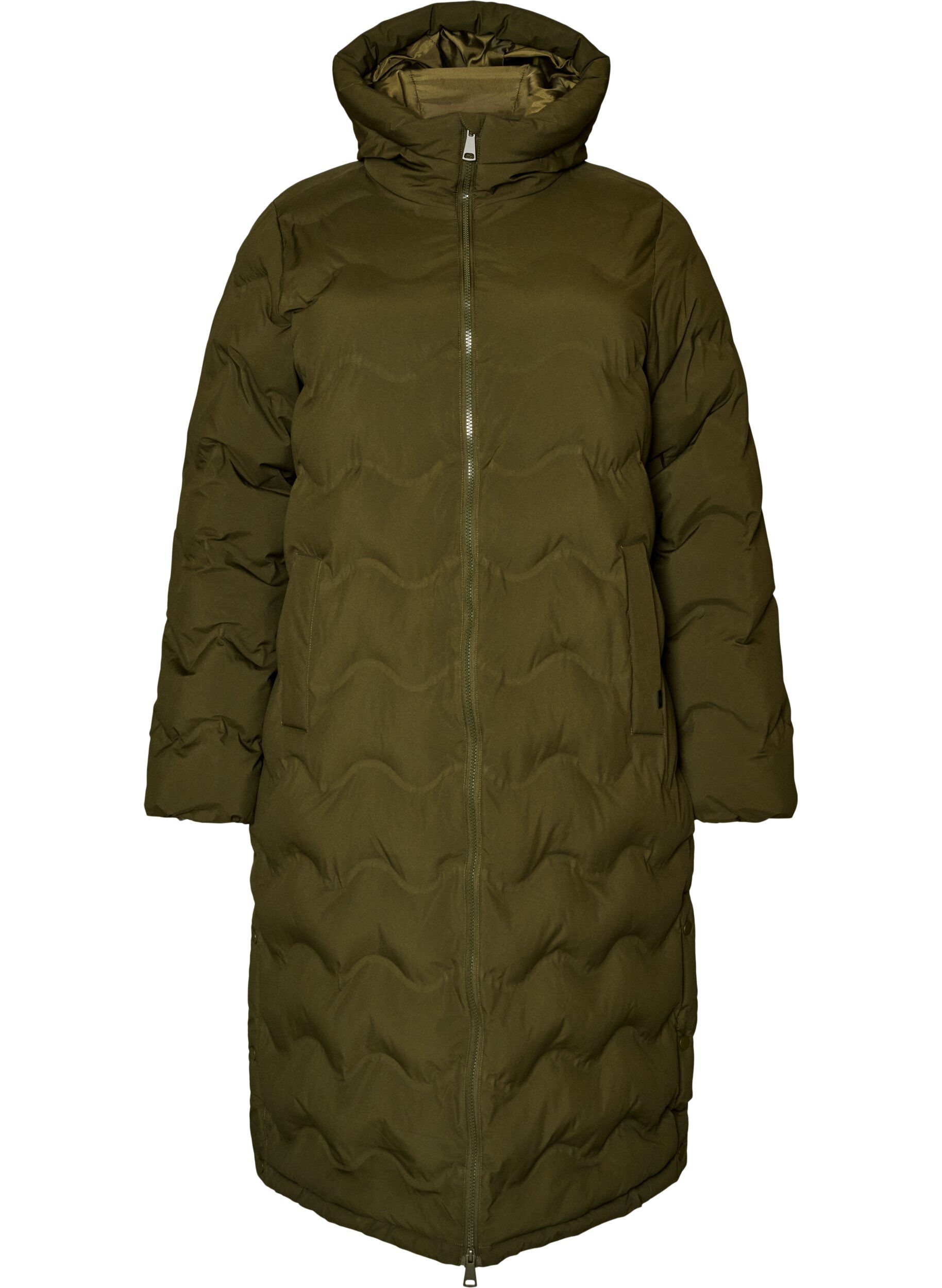 Long hooded puffer jacket with a wave pattern