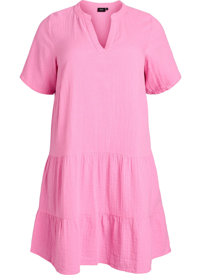Short A-line dress in cotton muslin, Pink, Packshot image number 0