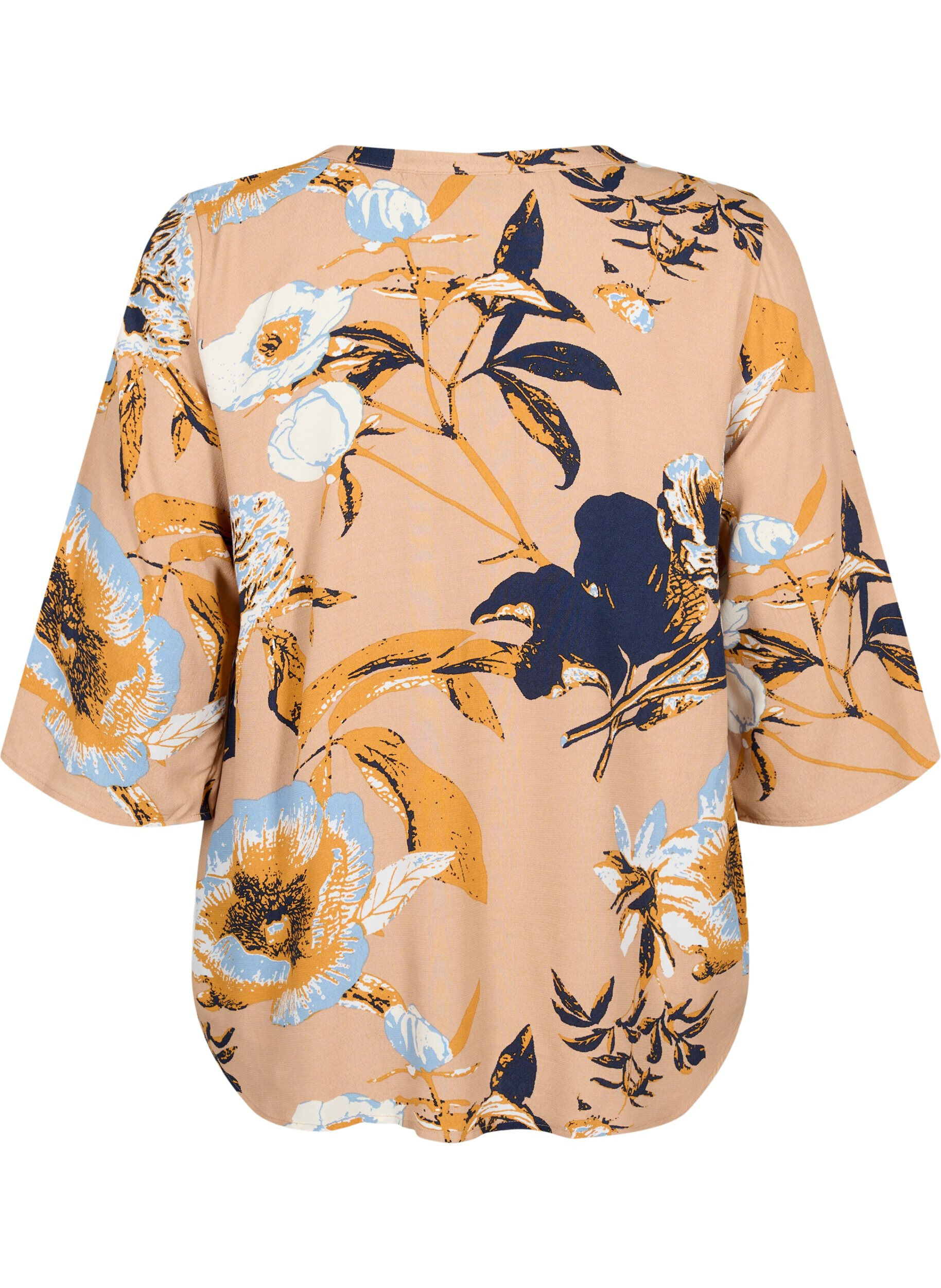 Zizzifashion Blouse in viscose with 3/4 sleeves, Blue Flower AOP, Packshot image number 1
