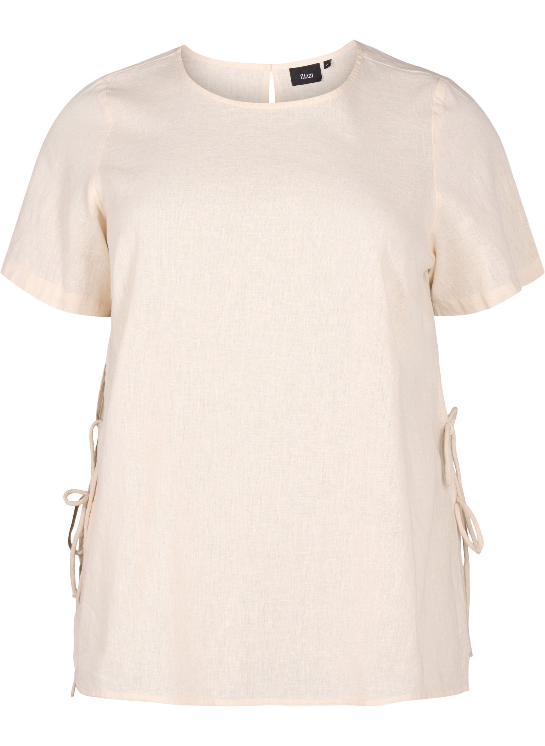 Zizzifashion Short-sleeved blouse in a cotton blend with linen and lace detail, Sandshell, Packshot image number 0