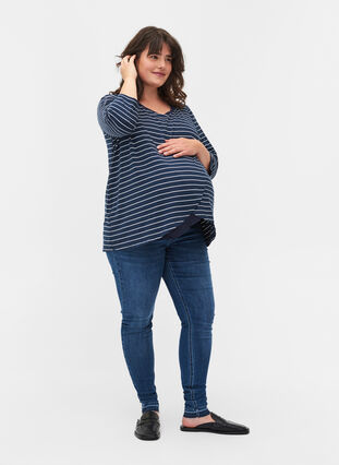 Striped maternity blouse with 3/4 sleeves, Blue Stripe , Model image number 2