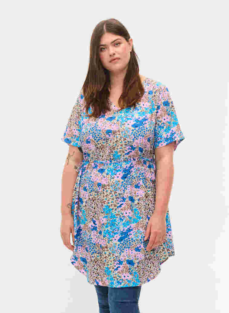 Patterned dress with drawstring details, Blue Rose Flower, Model image number 0