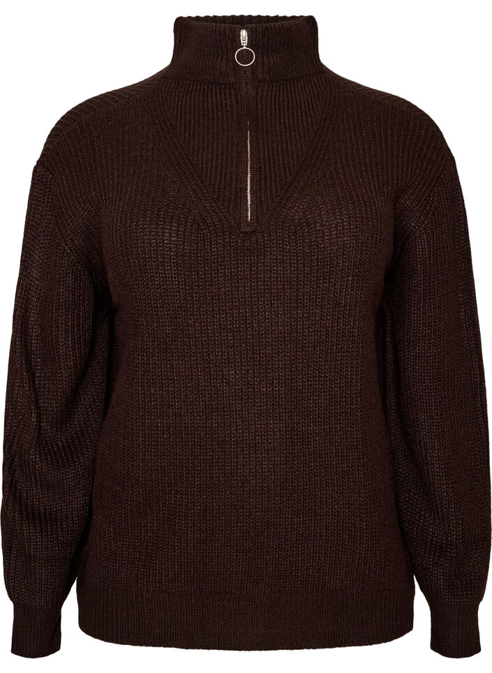 Knitted sweater with high neck and zipper, Brown, Packshot image number 0