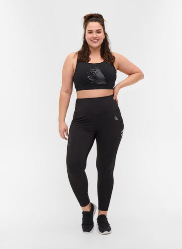 Cropped reflective gym leggings with pocket, Black/Reflex Lines, Model image number 0