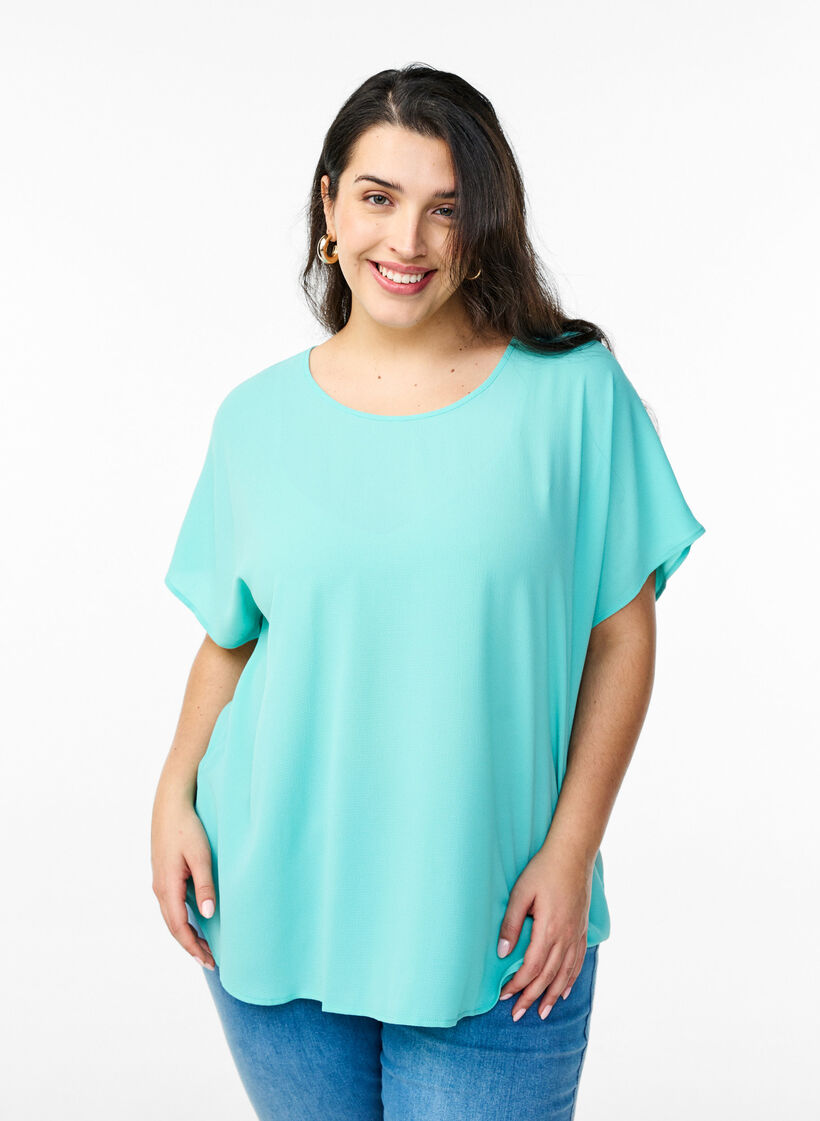 Blouse with short sleeves and a round neckline, Light Blue, Model image number 0
