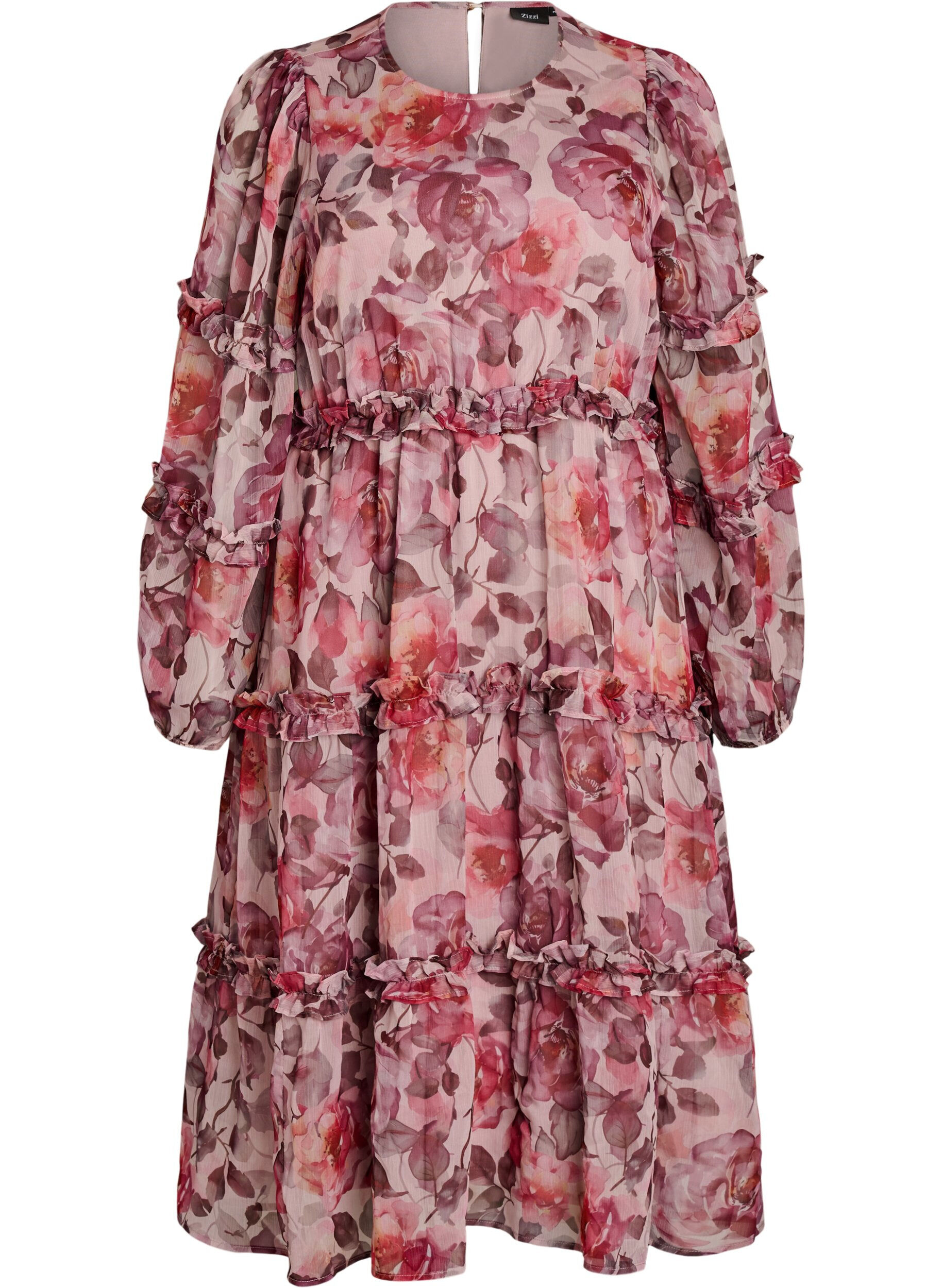Zizzifashion Floral midi dress with ruffle details and sheer sleeves, Rose, Packshot image number 0