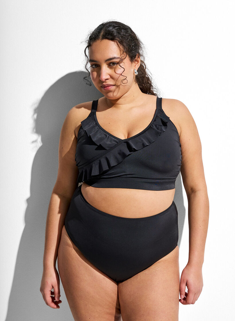 Solid coloured high-waisted bikini bottom, Black, Model image number 0