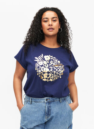 Organic cotton T-shirt with gold print, Med.Blue Gold Flower, Model image number 0
