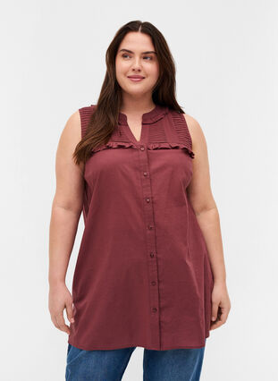 Cotton tunic with buttons and ruffles, Red Wine, Model image number 0