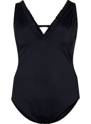 V-neck swimsuit with ruffles, Black, Packshot image number 0
