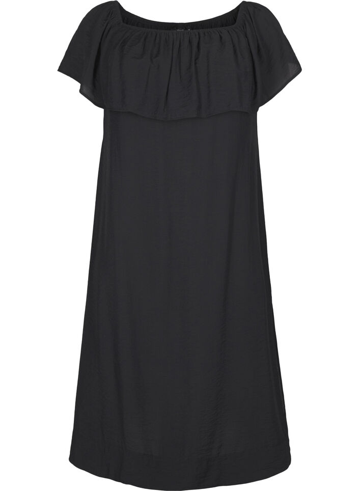 Midi-length dress with ruffled hem and slit, Black, Packshot image number 0