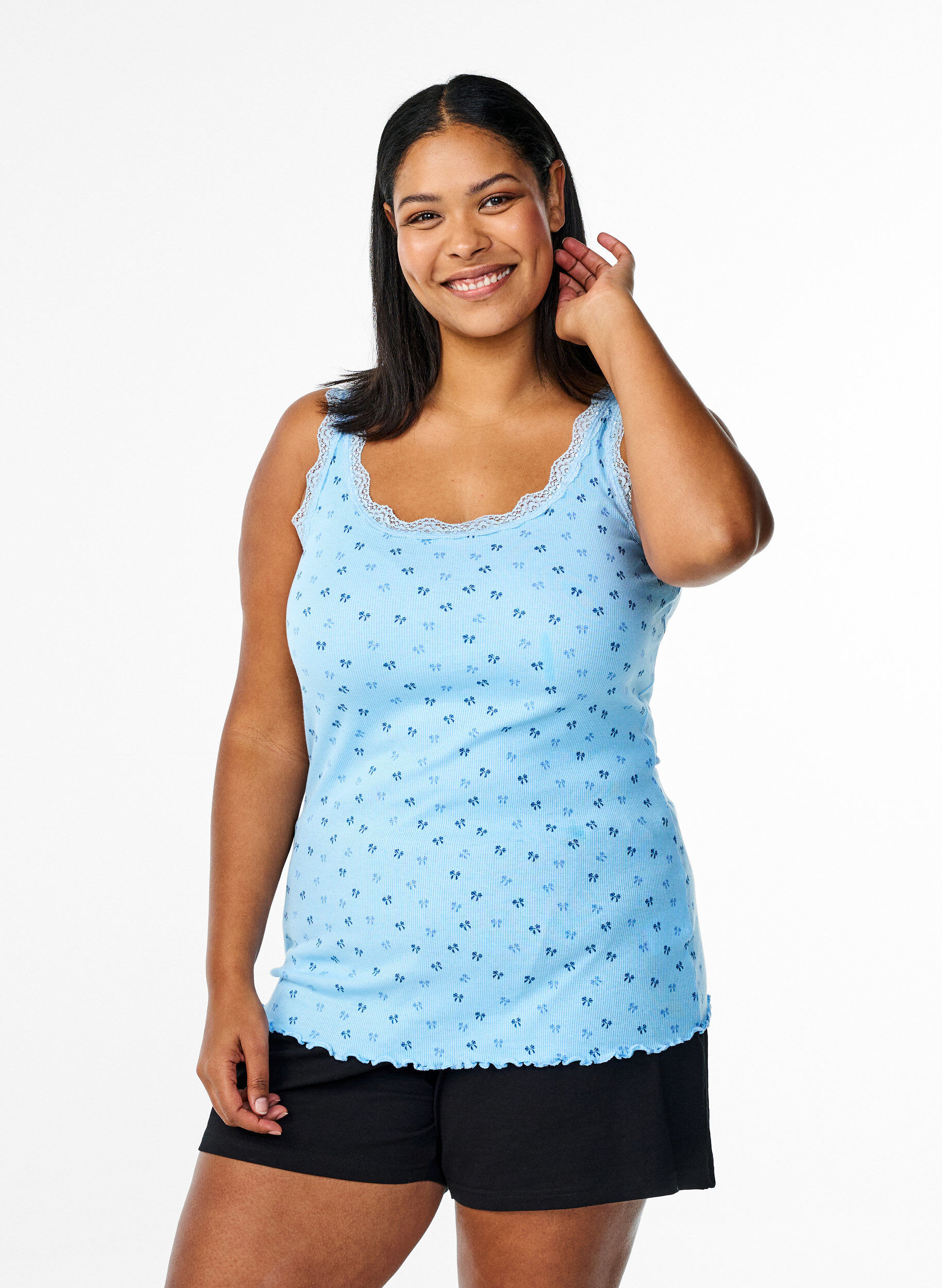 Zizzifashion Top with print and lace edge, Light Blue, Model image number 0