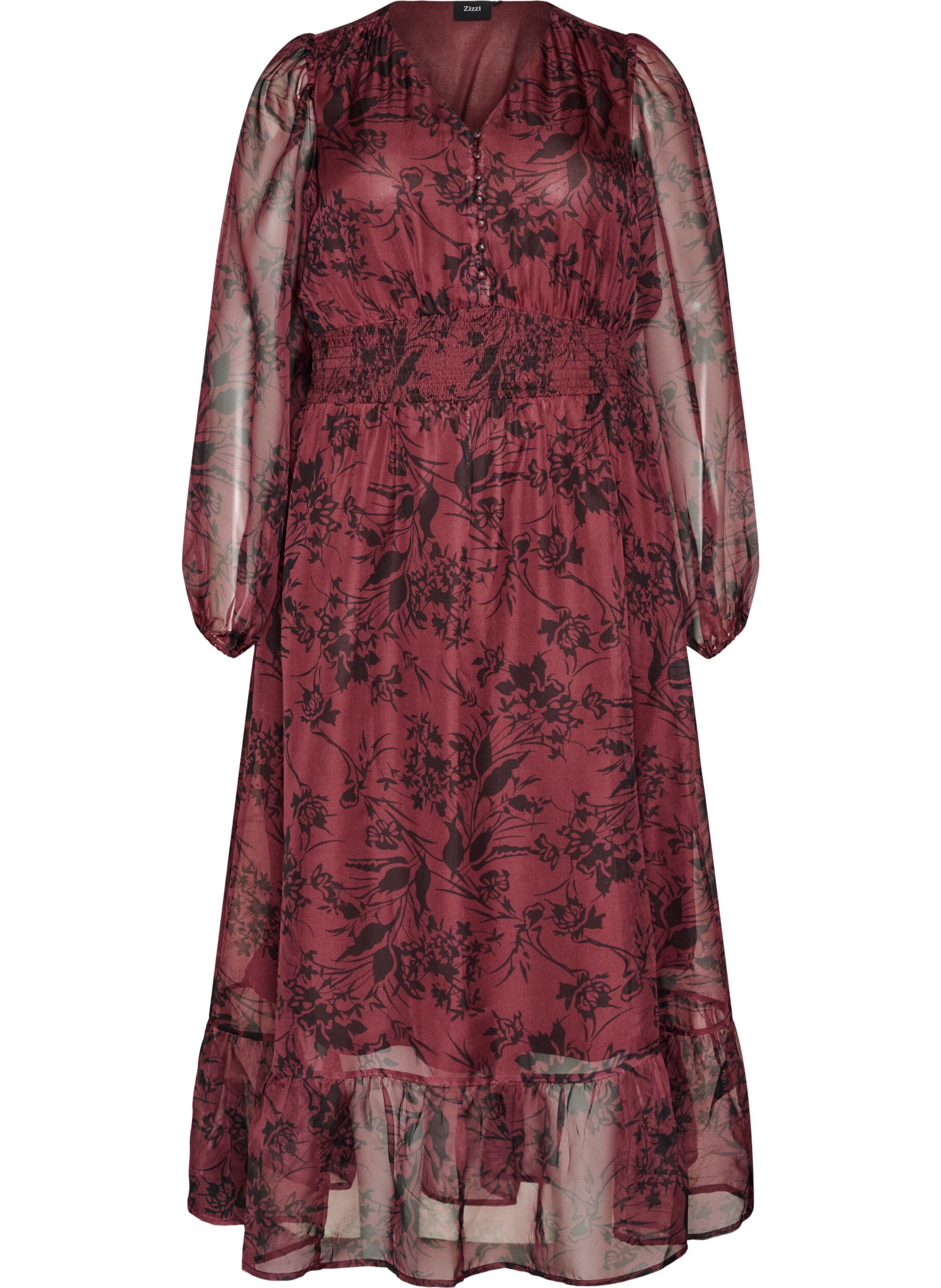 ZizzifashionMaxi dress with floral print and smocking, Dark Bordeaux, Packshot image number 0