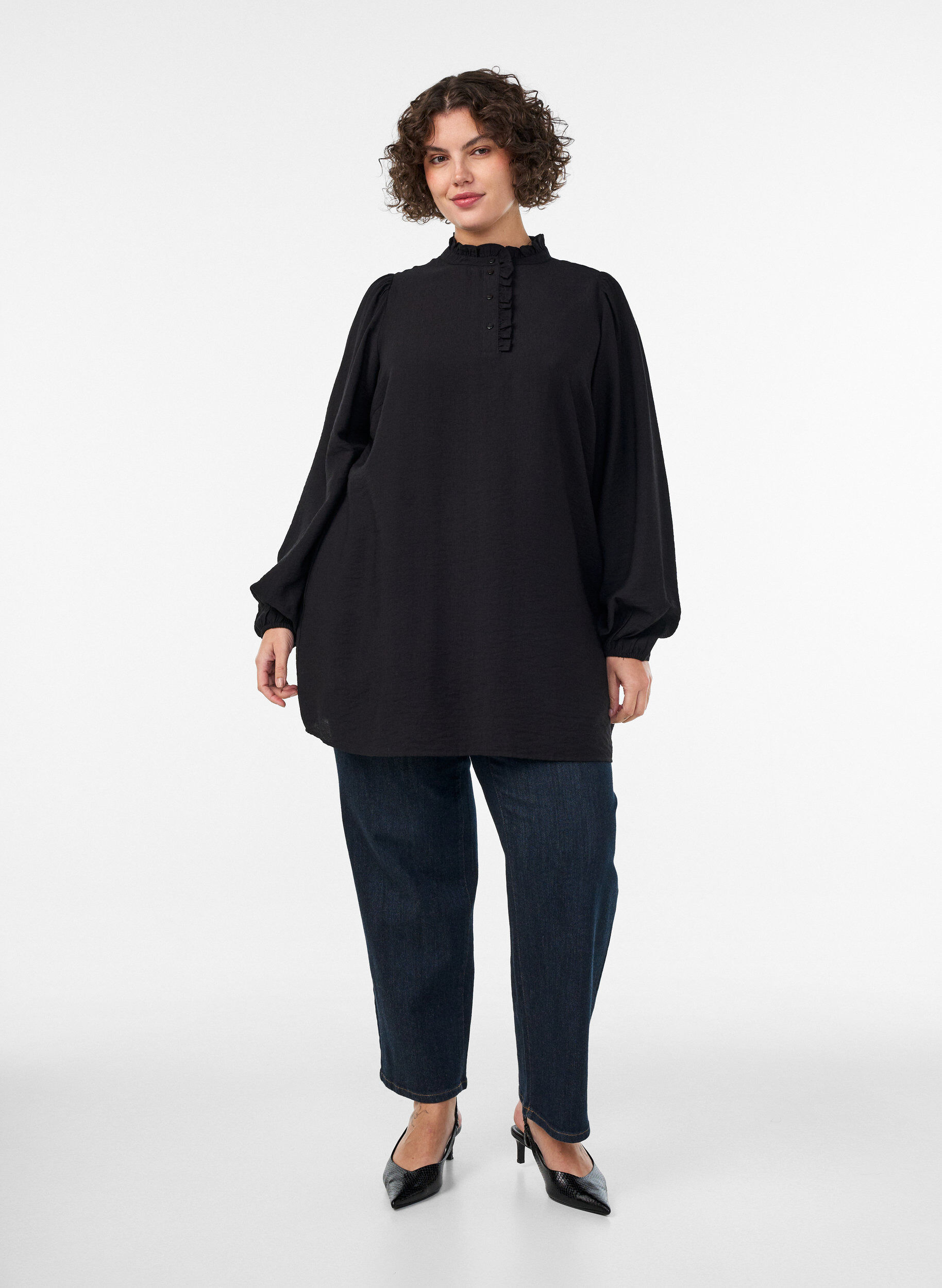 ZizzifashionViscose tunic with ruffles and buttons, Black, Model image number 1