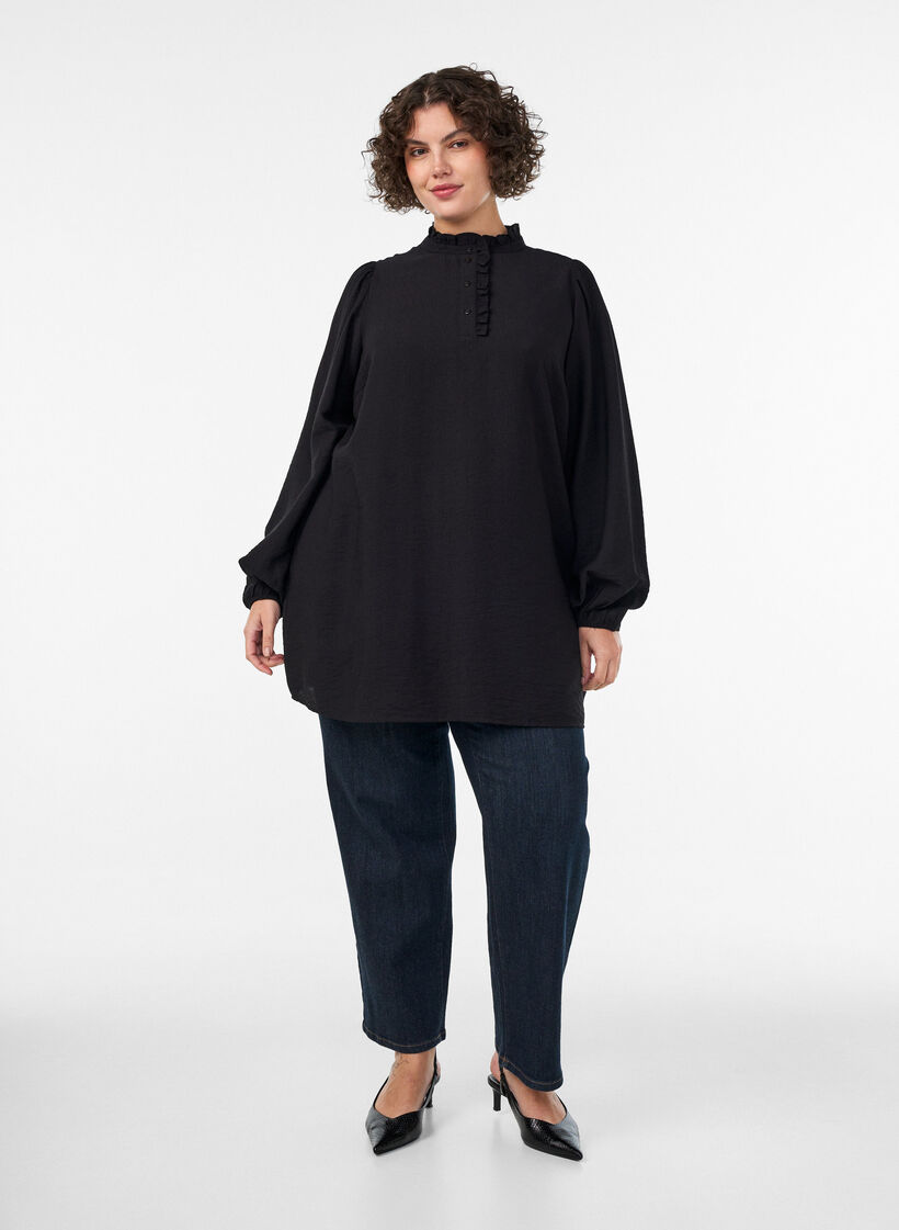 Viscose tunic with ruffles and buttons, Black, Model image number 1