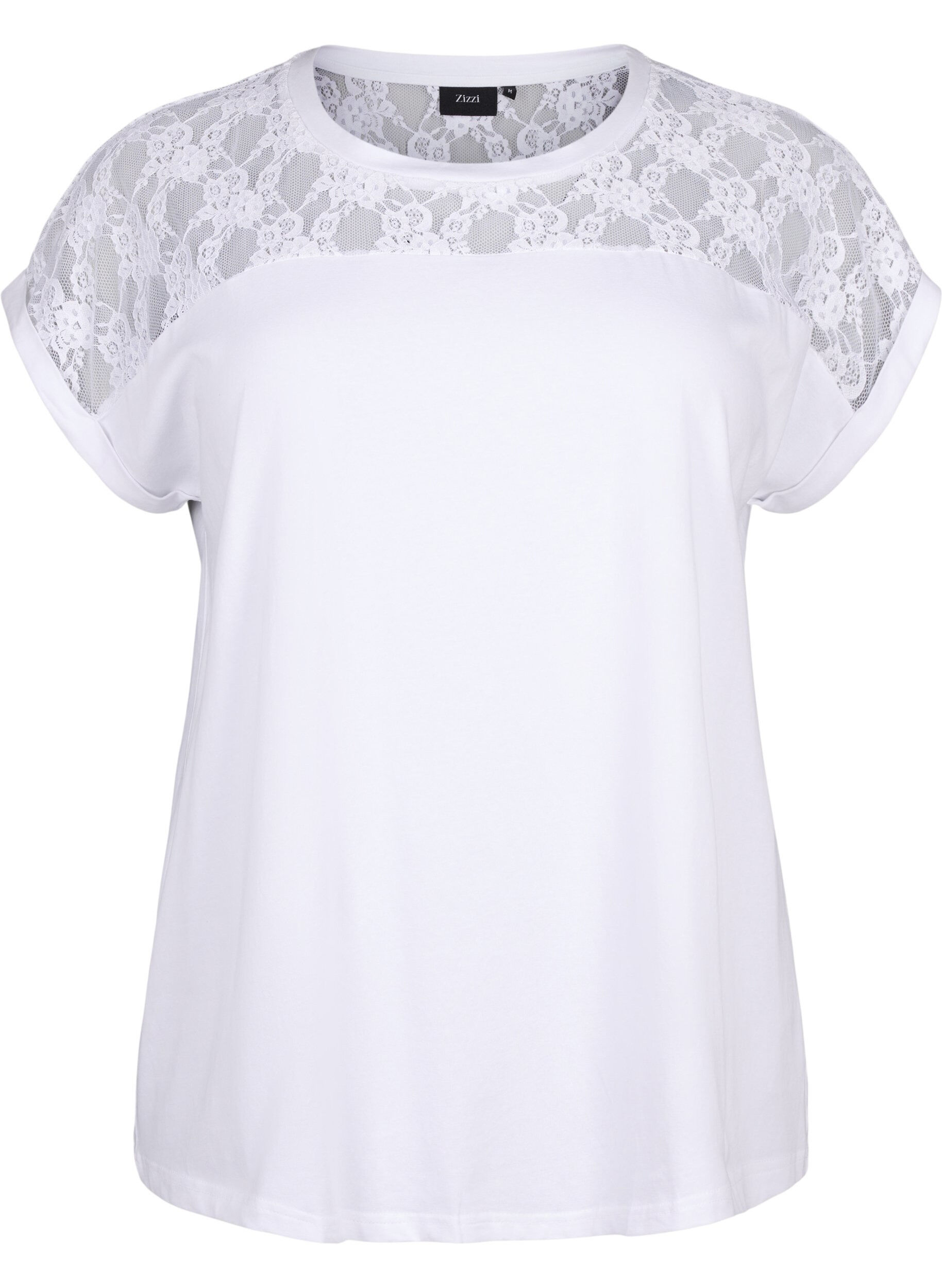 Zizzifashion Short-sleeved cotton t-shirt with lace, Bright White, Packshot image number 0