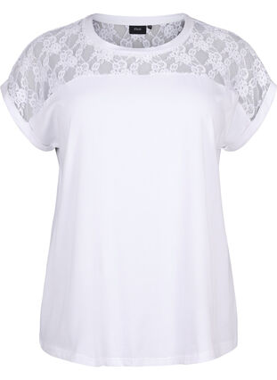 Short-sleeved cotton t-shirt with lace, Bright White, Packshot image number 0