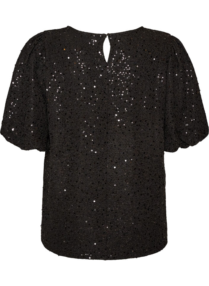 Sequin blouse with balloon sleeves, Black, Packshot image number 1