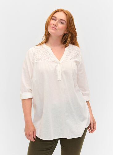 Cotton blouse with lace details, Bright White, Model image number 0