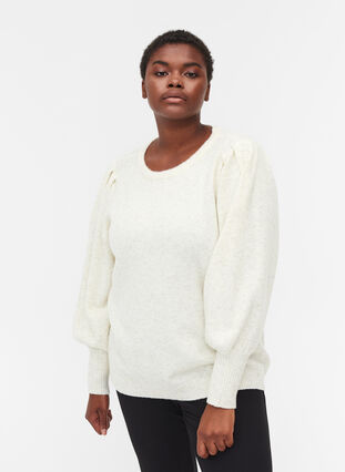 Melange knit sweater with puff sleeves, Cloud Dancer Mel., Model image number 0