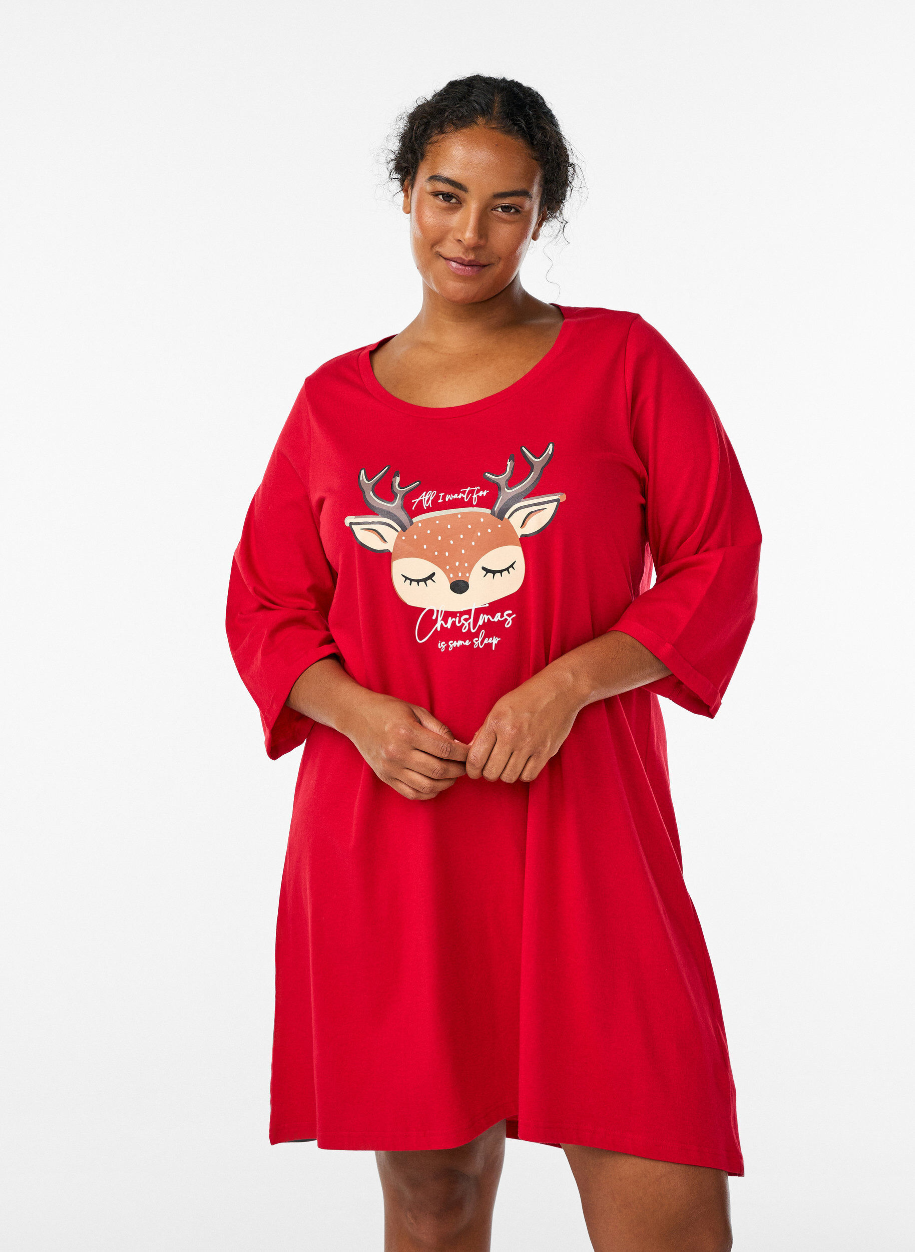 Zizzifashion Nightdress in organic cotton with Christmas motif, Red, Model image number 0