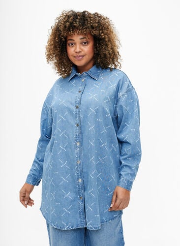 Loose denim jacket with pattern, Light blue denim, Model image number 0