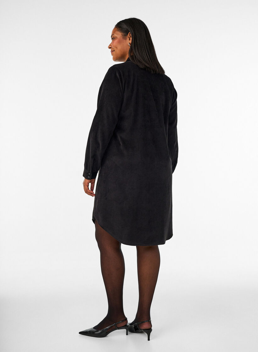 Corduroy shirt dress with collar and button fastening, Black, Model image number 2