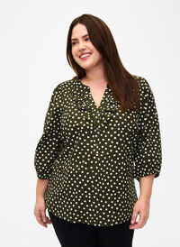 3/4 sleeve cotton Blouse with polka dots, Forest Night Dot, Model